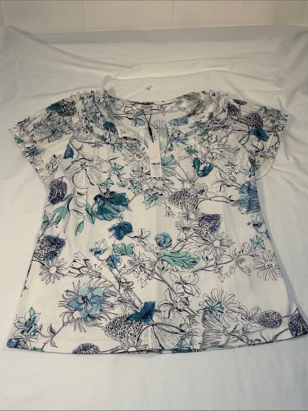 Chico's W4 Touch of Cool Aria Alabaster Floral Flutter SLV Top NWT